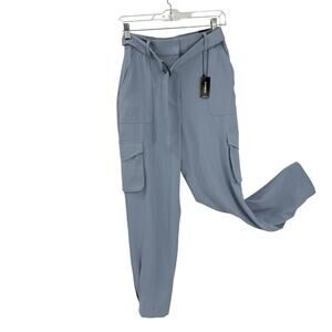 Express Belted Ankle High Rise Pants Cargo Pockets Light Blue knit size 0 NWT